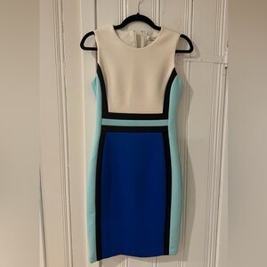 Calvin Klein Cream and Blue Colorblock Midi Dress